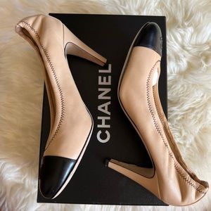 CHANEL CCcaptoe lamb skin leather heel, original box included